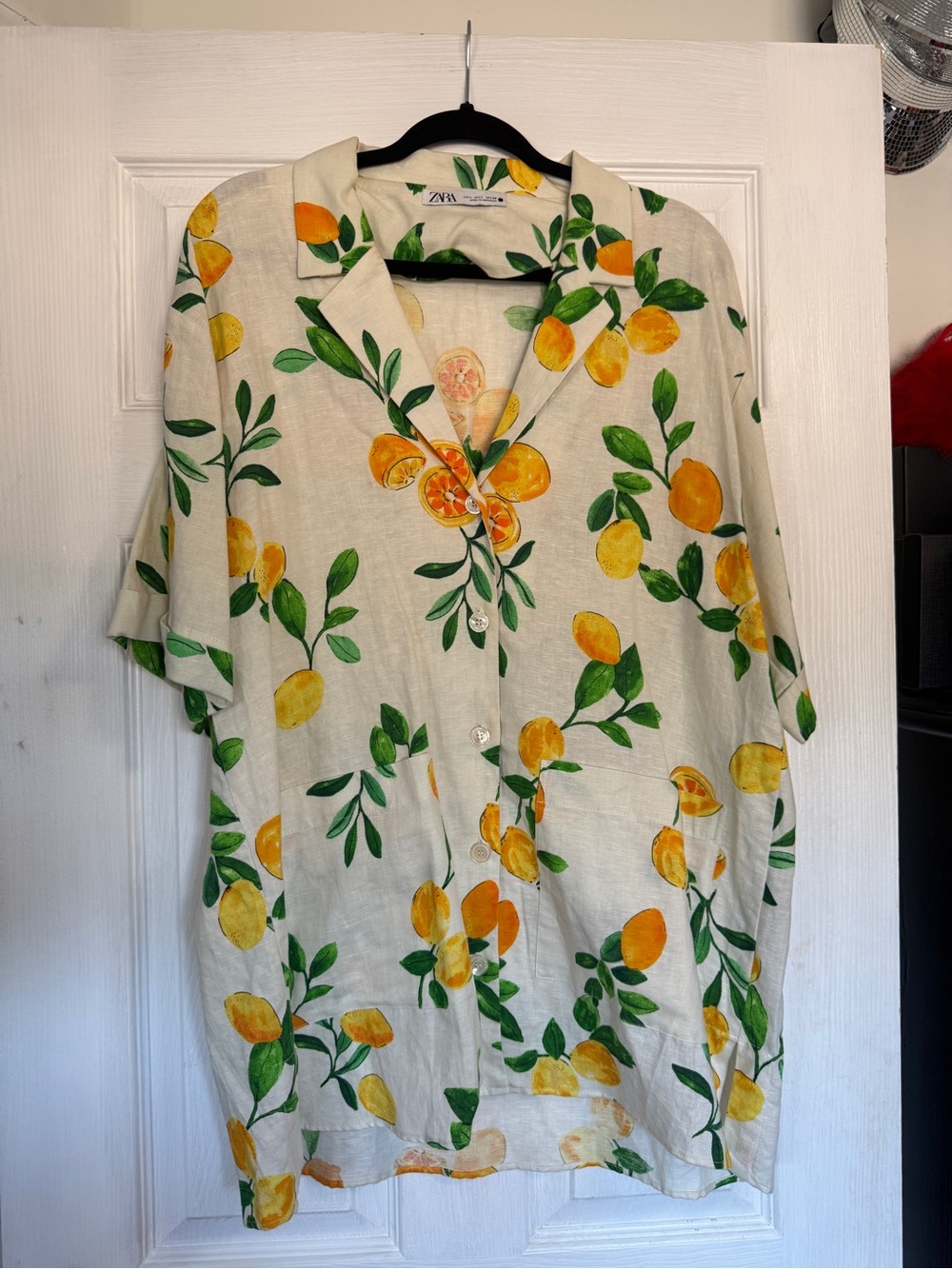 Zara Cream Short-Sleeve Button-Up Shirt Dress with Yellow Citrus Print